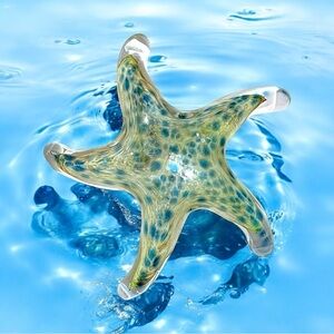Hand-Blown Blue and Sand-Colored Art Glass Starfish Paperweight